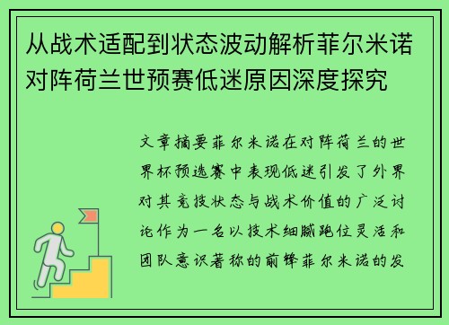 从战术适配到状态波动解析菲尔米诺对阵荷兰世预赛低迷原因深度探究