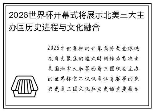 2026世界杯开幕式将展示北美三大主办国历史进程与文化融合